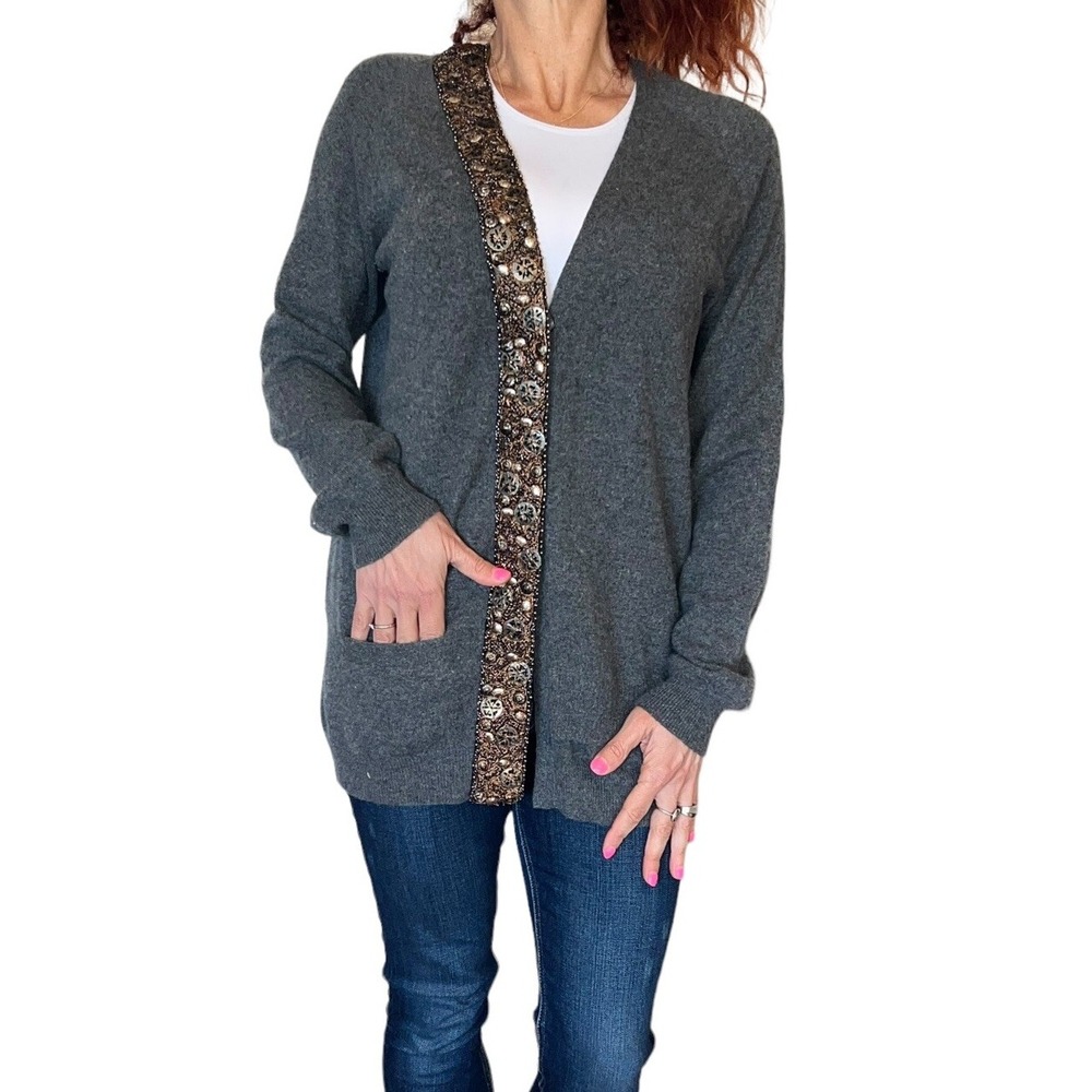 POLECI WOMEN'S GRAY CASHMERE BEADED CARDIGAN SWEATER MEDIUM